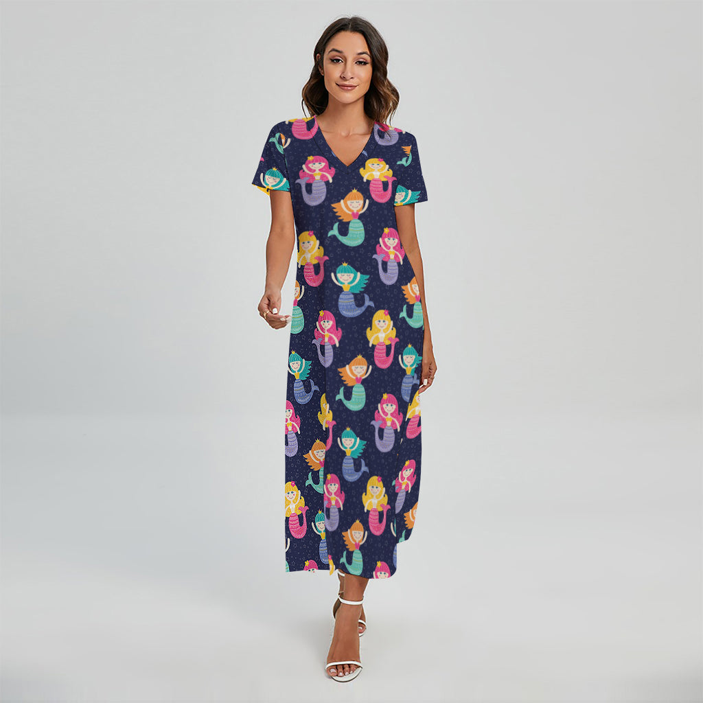 Colorful Mermaid Pattern Print Short Sleeve Maxi Dress