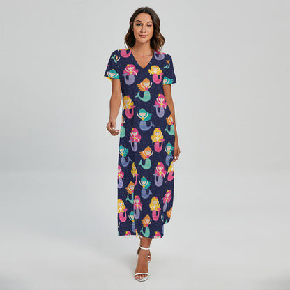 Colorful Mermaid Pattern Print Short Sleeve Maxi Dress
