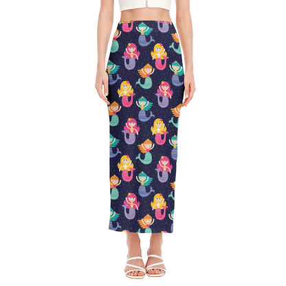 Colorful Mermaid Pattern Print Side Slit Maxi Skirt