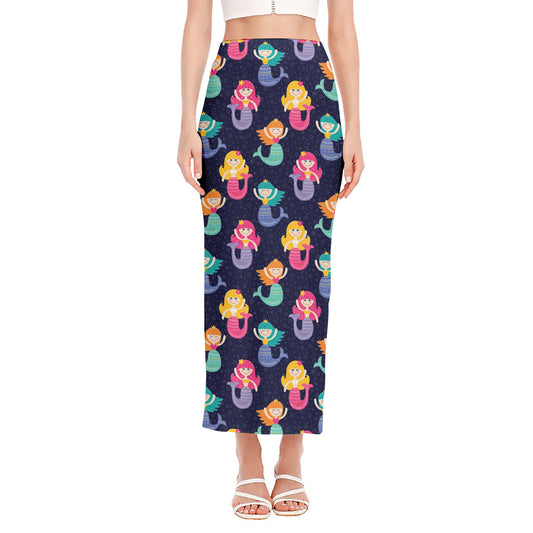 Colorful Mermaid Pattern Print Side Slit Maxi Skirt