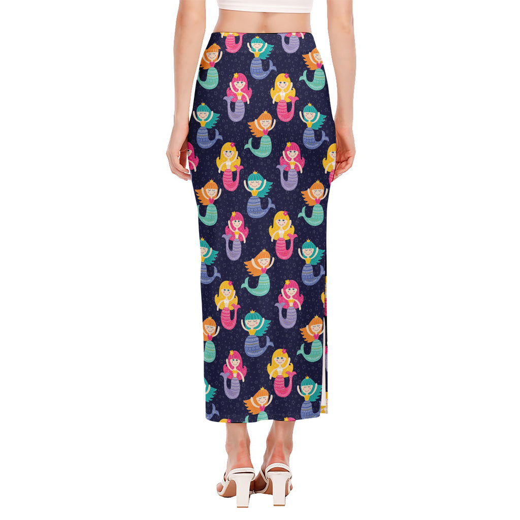 Colorful Mermaid Pattern Print Side Slit Maxi Skirt