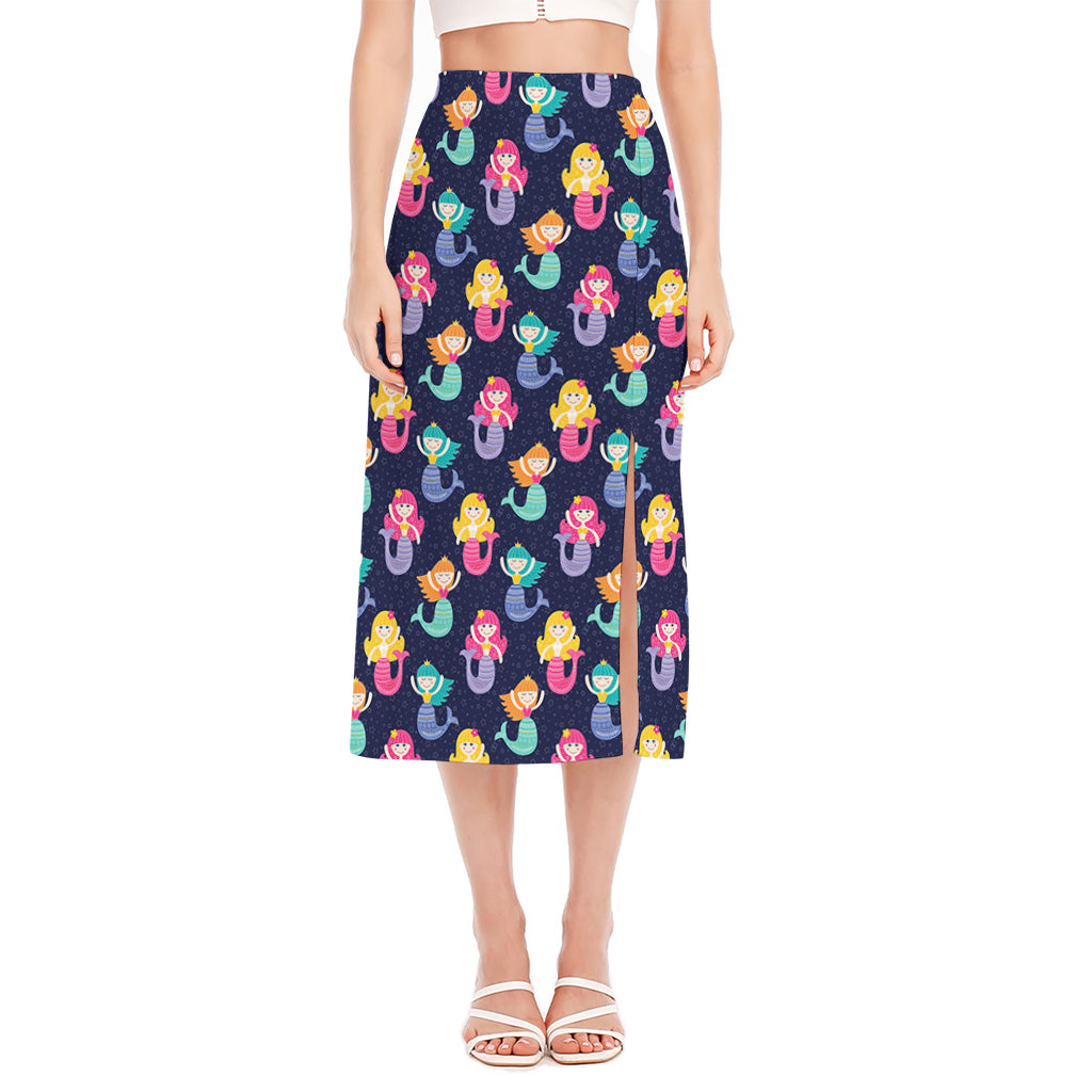 Colorful Mermaid Pattern Print Side Slit Midi Skirt