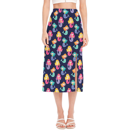 Colorful Mermaid Pattern Print Side Slit Midi Skirt