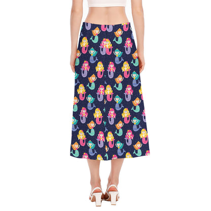Colorful Mermaid Pattern Print Side Slit Midi Skirt