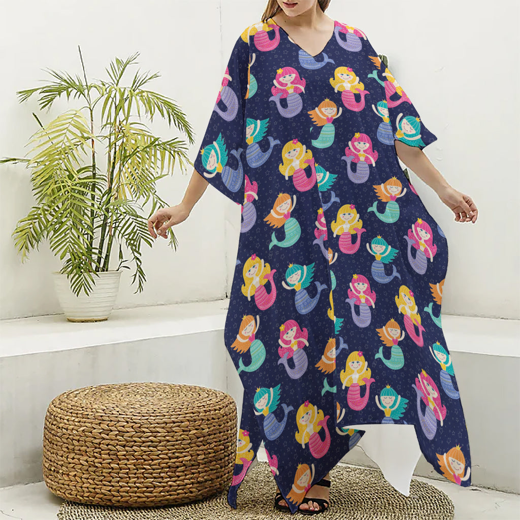 Colorful Mermaid Pattern Print Silk V-Neck Kaftan Dress