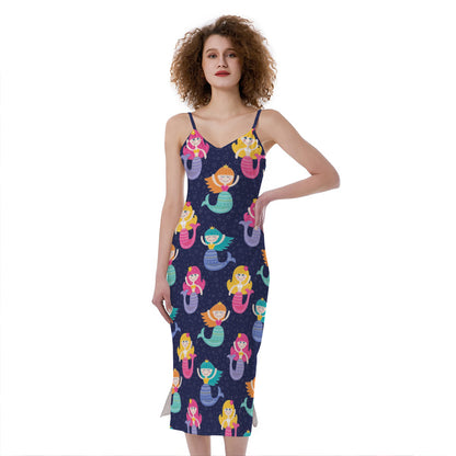 Colorful Mermaid Pattern Print Slim Fit Midi Cami Dress