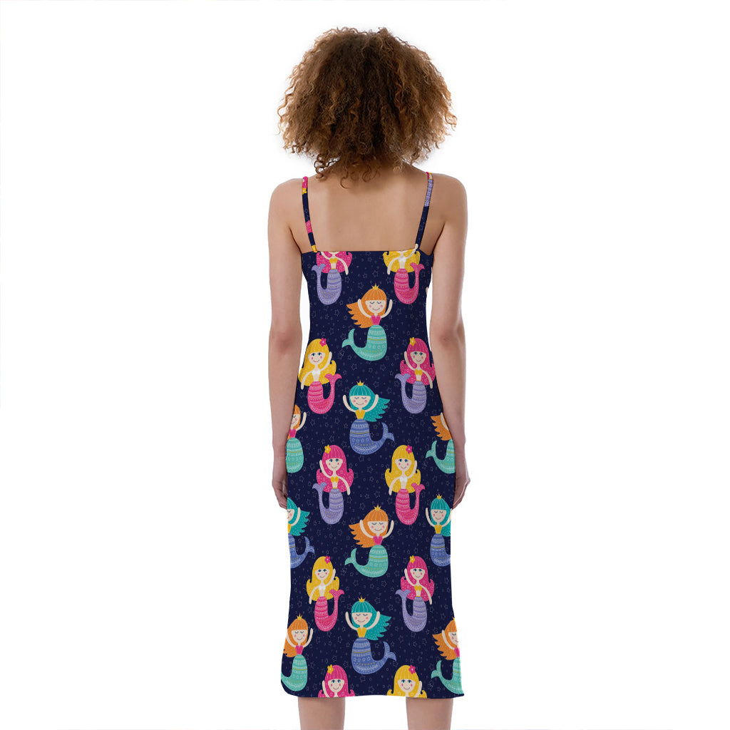 Colorful Mermaid Pattern Print Slim Fit Midi Cami Dress