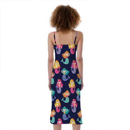 Colorful Mermaid Pattern Print Slim Fit Midi Cami Dress