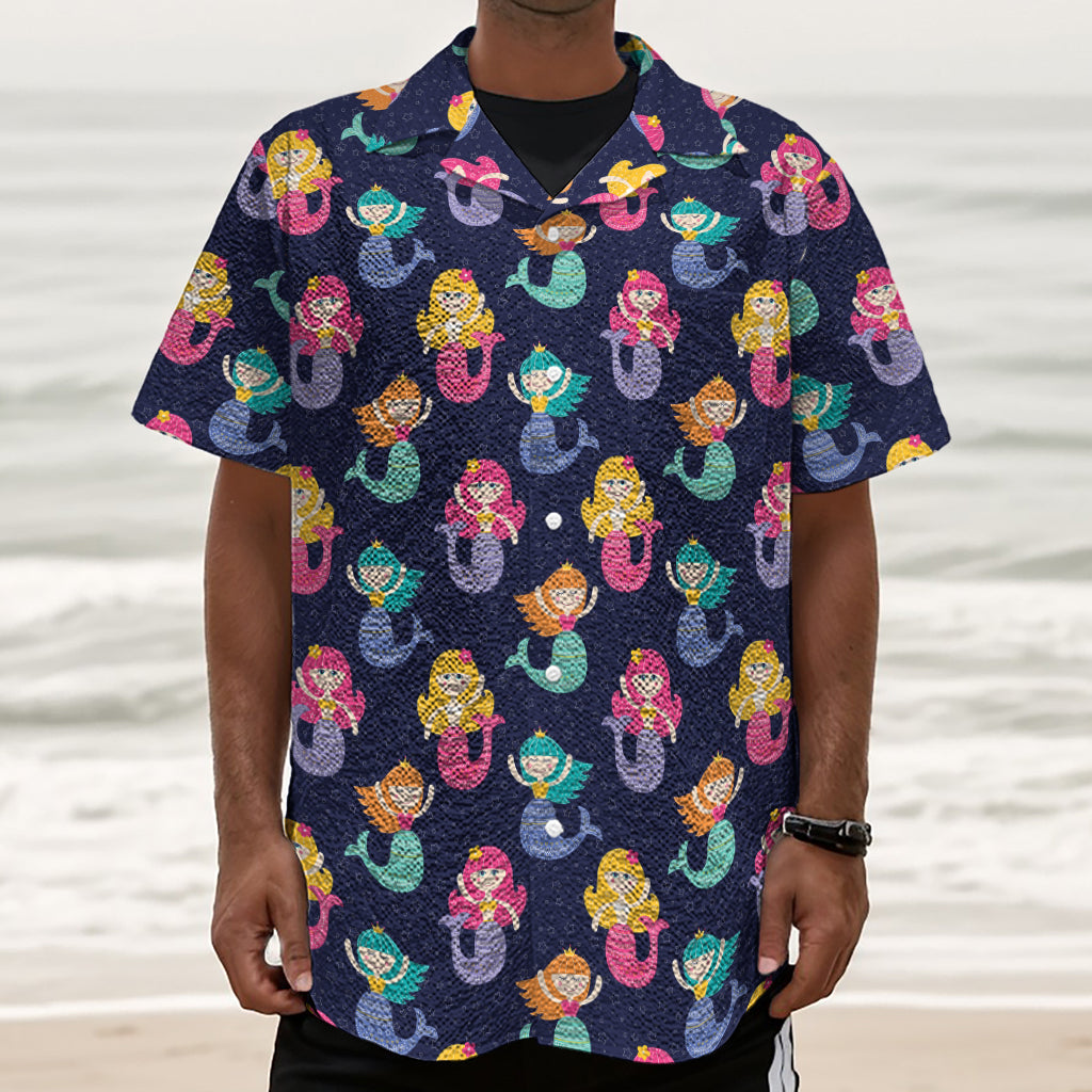 Colorful Mermaid Pattern Print Textured Short Sleeve Shirt