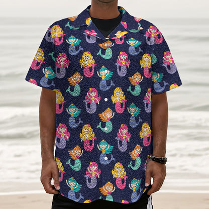 Colorful Mermaid Pattern Print Textured Short Sleeve Shirt