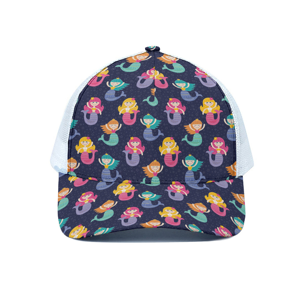 Colorful Mermaid Pattern Print White Mesh Trucker Cap