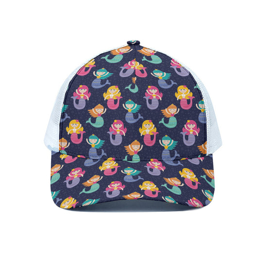 Colorful Mermaid Pattern Print White Mesh Trucker Cap