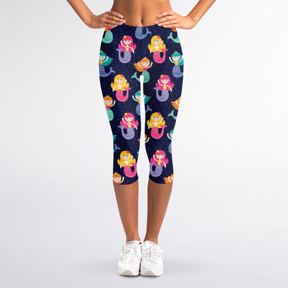 Colorful Mermaid Pattern Print Women's Capri Leggings