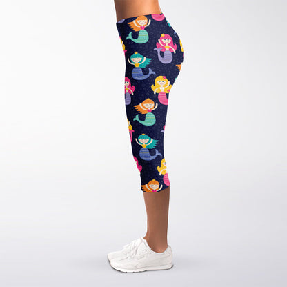 Colorful Mermaid Pattern Print Women's Capri Leggings