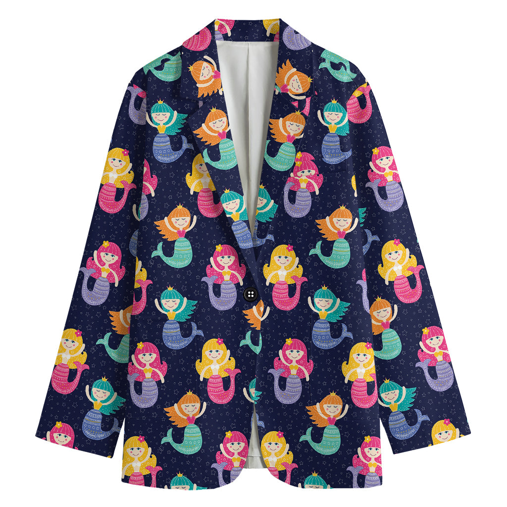 Colorful Mermaid Pattern Print Women's Cotton Blazer