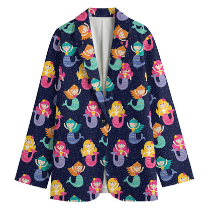 Colorful Mermaid Pattern Print Women's Cotton Blazer