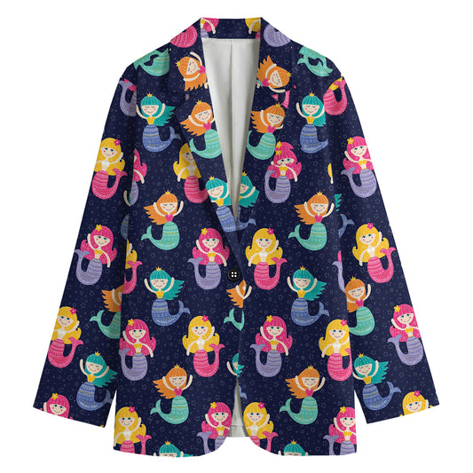 Colorful Mermaid Pattern Print Women's Cotton Blazer