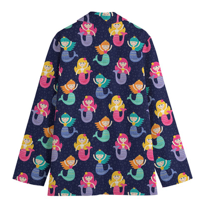 Colorful Mermaid Pattern Print Women's Cotton Blazer