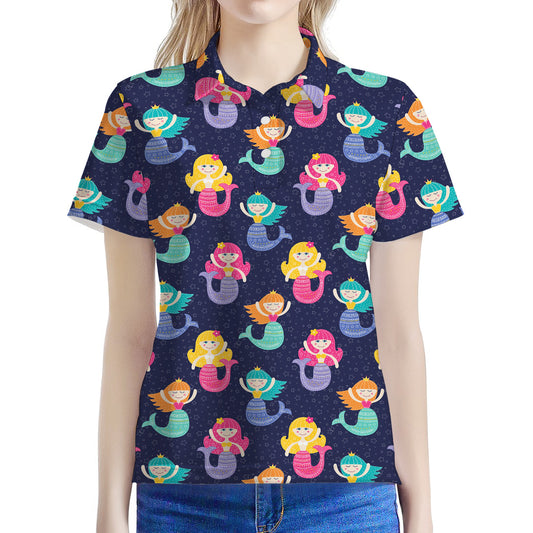 Colorful Mermaid Pattern Print Women's Polo Shirt