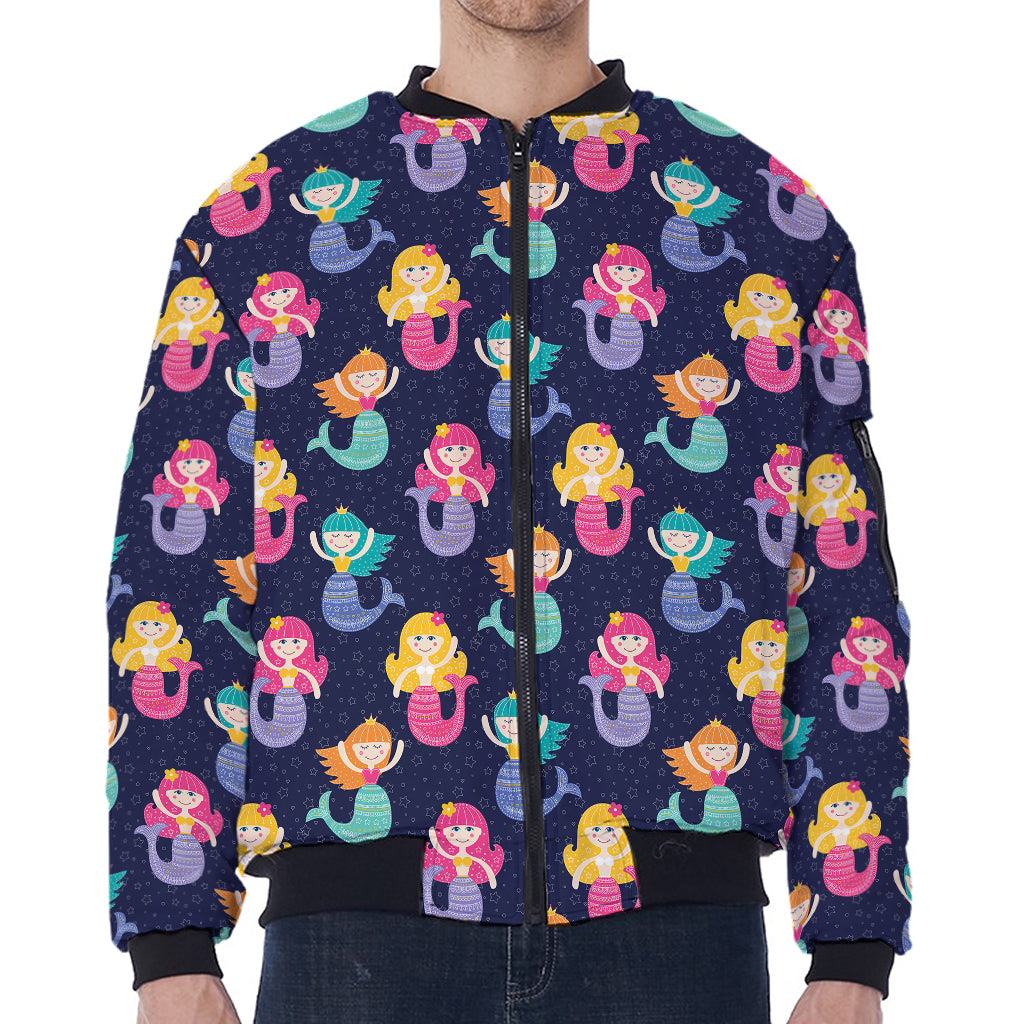 Colorful Mermaid Pattern Print Zip Sleeve Bomber Jacket