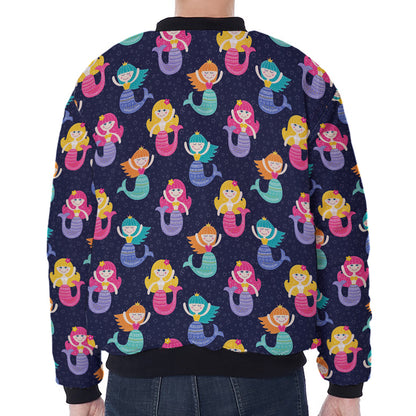 Colorful Mermaid Pattern Print Zip Sleeve Bomber Jacket