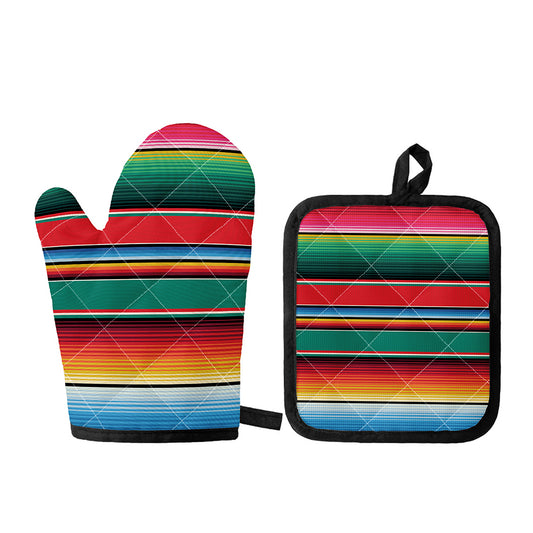 Colorful Mexican Blanket Pattern Print Oven Mitt And Pot Holder Set