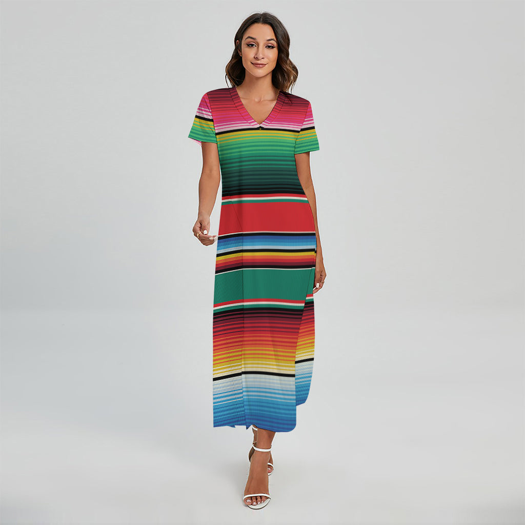 Colorful Mexican Blanket Pattern Print Short Sleeve Maxi Dress