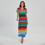 Colorful Mexican Blanket Pattern Print Short Sleeve Maxi Dress