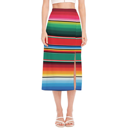 Colorful Mexican Blanket Pattern Print Side Slit Midi Skirt