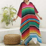 Colorful Mexican Blanket Pattern Print Silk V-Neck Kaftan Dress