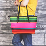 Colorful Mexican Blanket Stripe Print Leather Tote Bag