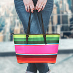 Colorful Mexican Blanket Stripe Print Leather Tote Bag