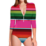 Colorful Mexican Blanket Stripe Print Long Sleeve Swimsuit