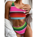 Colorful Mexican Blanket Stripe Print One Shoulder Bikini Set