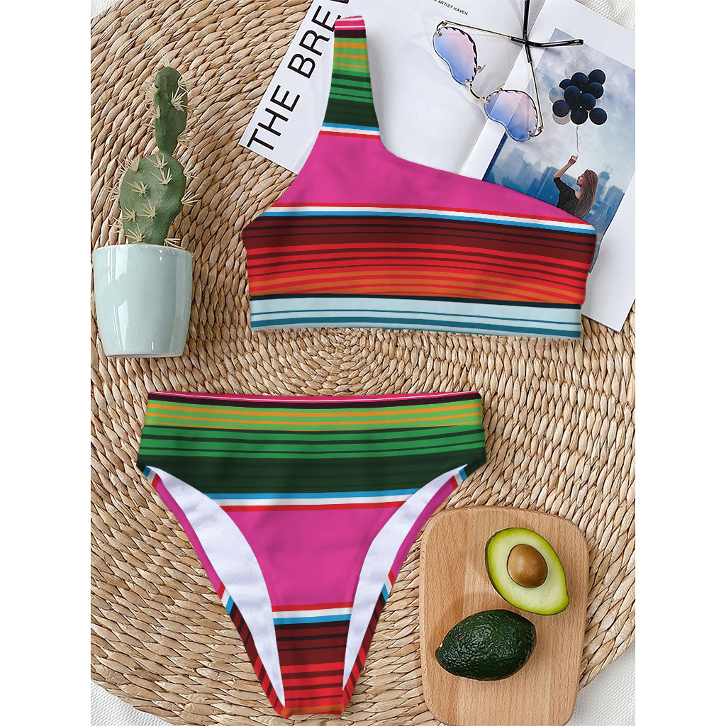 Colorful Mexican Blanket Stripe Print One Shoulder Bikini Top