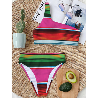 Colorful Mexican Blanket Stripe Print One Shoulder Bikini Top