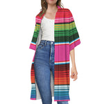 Colorful Mexican Blanket Stripe Print Open Front Beach Cover Up