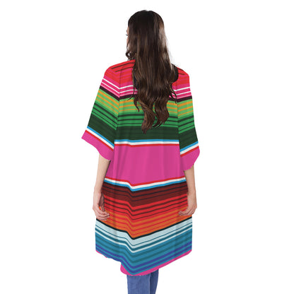Colorful Mexican Blanket Stripe Print Open Front Beach Cover Up