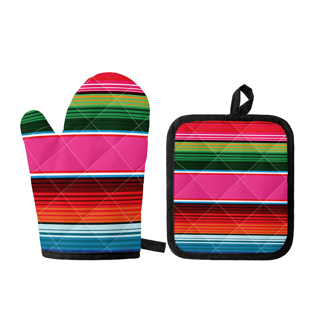Colorful Mexican Blanket Stripe Print Oven Mitt And Pot Holder Set