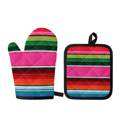 Colorful Mexican Blanket Stripe Print Oven Mitt And Pot Holder Set