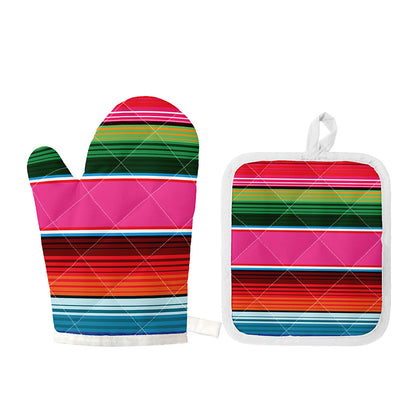 Colorful Mexican Blanket Stripe Print Oven Mitt And Pot Holder Set