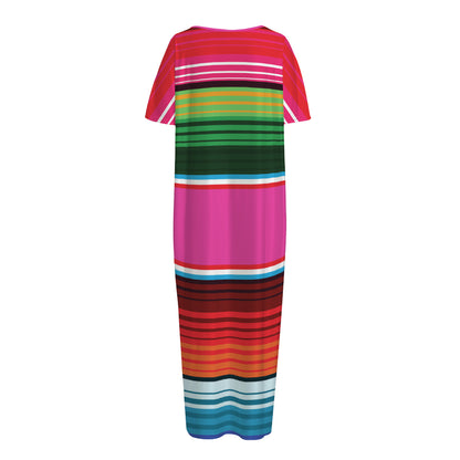 Colorful Mexican Blanket Stripe Print Short Sleeve Long Nightdress