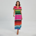 Colorful Mexican Blanket Stripe Print Short Sleeve Maxi Dress
