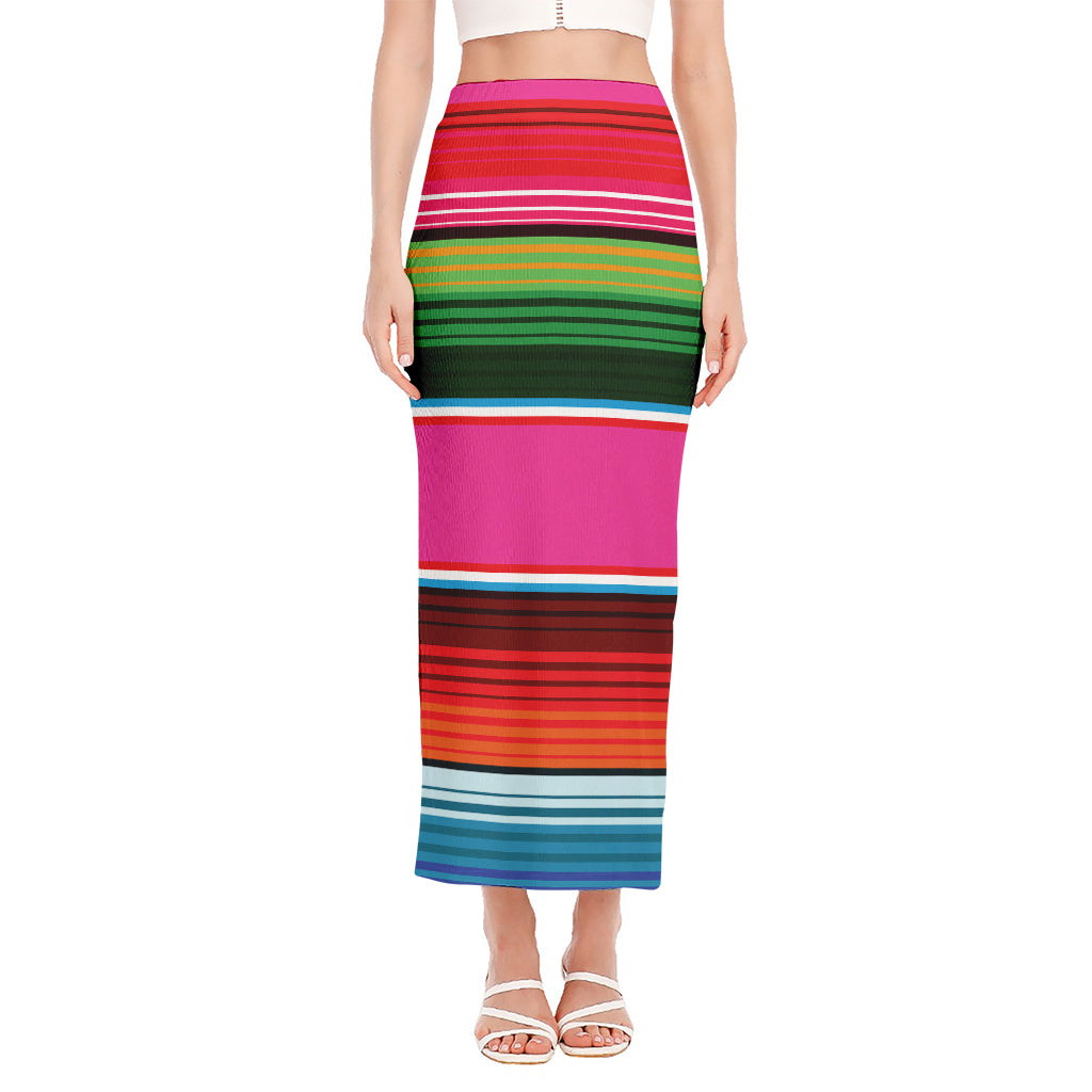 Colorful Mexican Blanket Stripe Print Side Slit Maxi Skirt