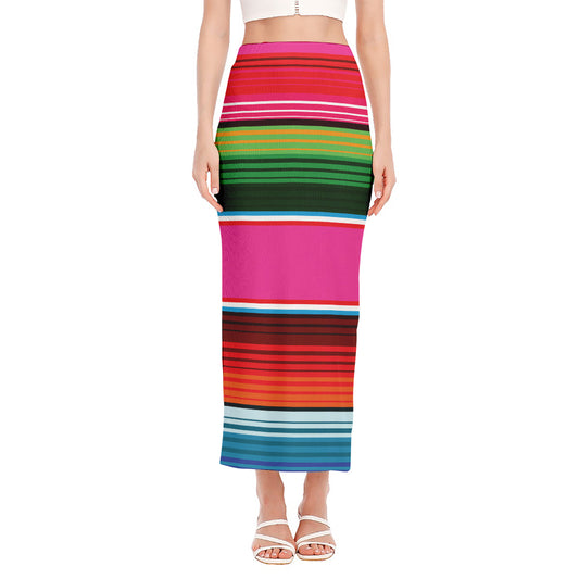 Colorful Mexican Blanket Stripe Print Side Slit Maxi Skirt