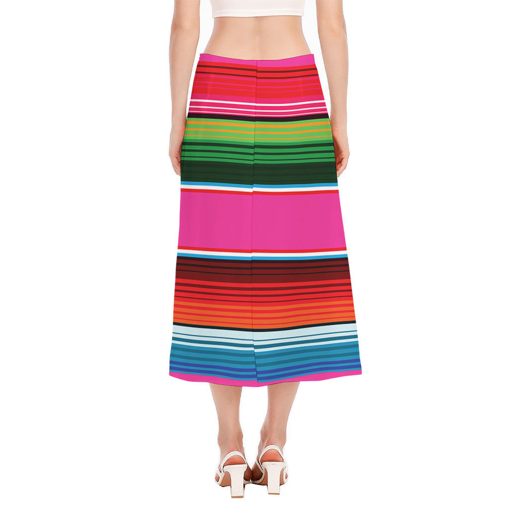 Colorful Mexican Blanket Stripe Print Side Slit Midi Skirt