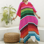 Colorful Mexican Blanket Stripe Print Silk V-Neck Kaftan Dress