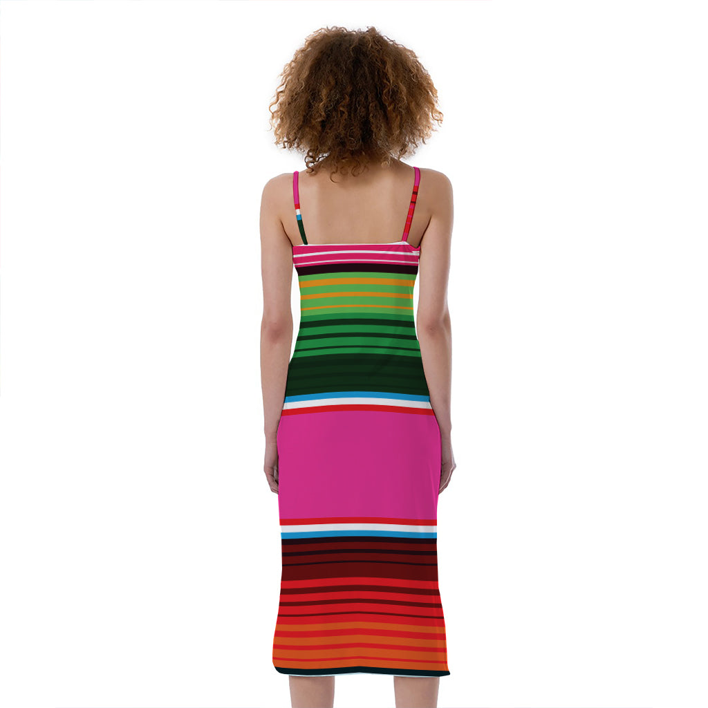 Colorful Mexican Blanket Stripe Print Slim Fit Midi Cami Dress