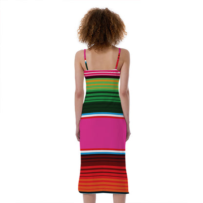 Colorful Mexican Blanket Stripe Print Slim Fit Midi Cami Dress