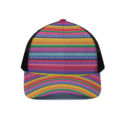 Colorful Mexican Serape Pattern Print Black Mesh Trucker Cap